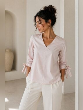 COS Pale Pink Cotton Blouse Tie Sleeve Minimalist Top 2